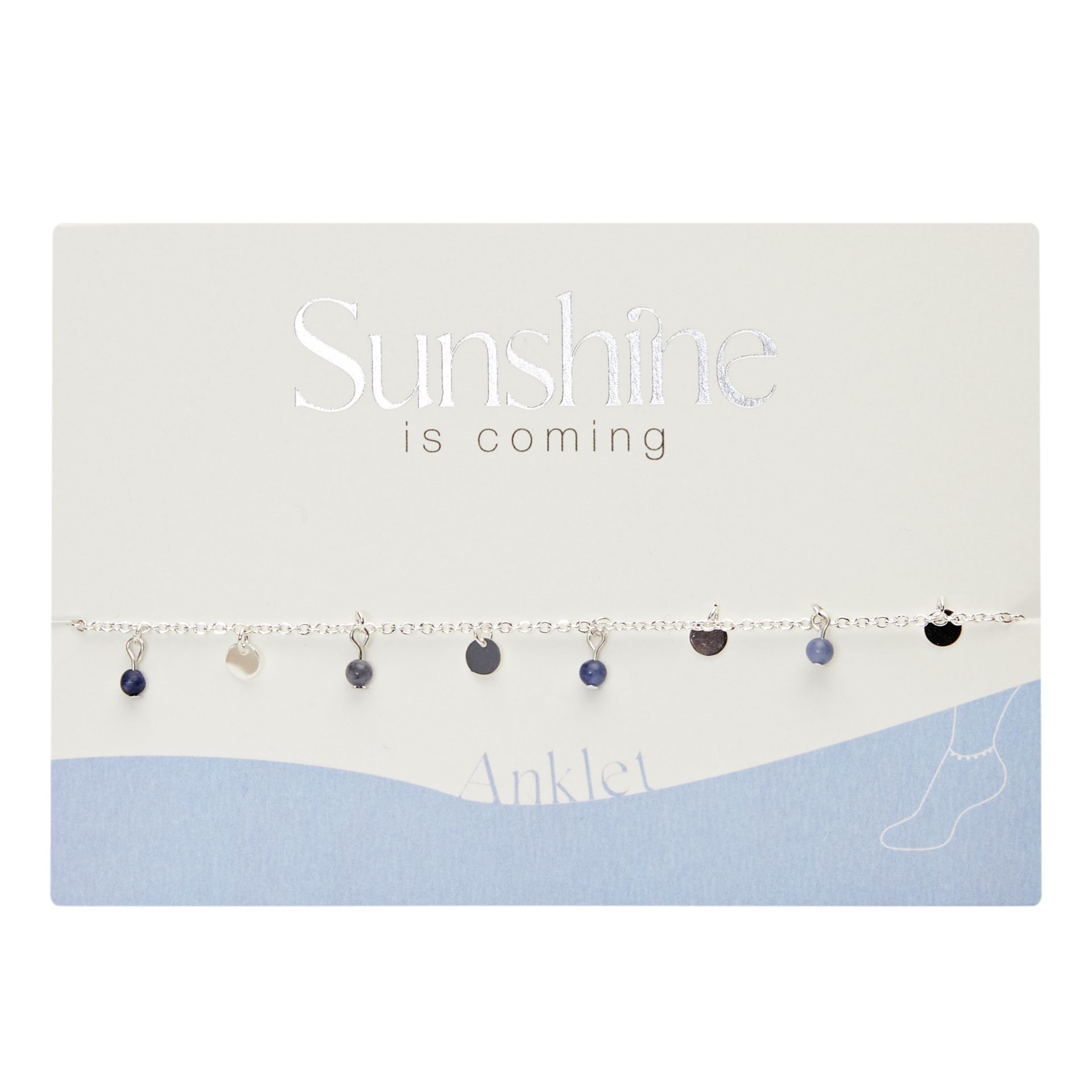 Sunshine, sonne, Sommer, sunshine is coming, Meer, Urlaub, Fußkette, Fußkettchen, Sommer, schmuck, fußschmuck, frau, freundin, beste, bff, kind, geburtstag, schenken, besonders, online, bestellen, preiswert, edelstahl, wasserfest, wasserecht, eferding, einkaufen, oberösterreich, wels, linz, plus, city, firmung, kommunion, erstkommunion, konfirmation, liebevoll, für, dich, schmuck, silber, versilbert, plättchen, silberplättchen, sodalith, echtstein, blau
